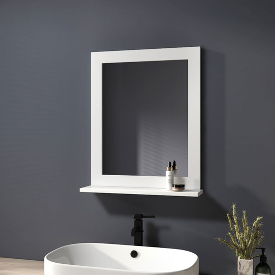 White Mirror Bathroom Mirror with Shelf Wooden Frame Wall-Mounted Mirror with Wooden Shelf Wall Hanging Mirror 500x600mm - Heilmetz