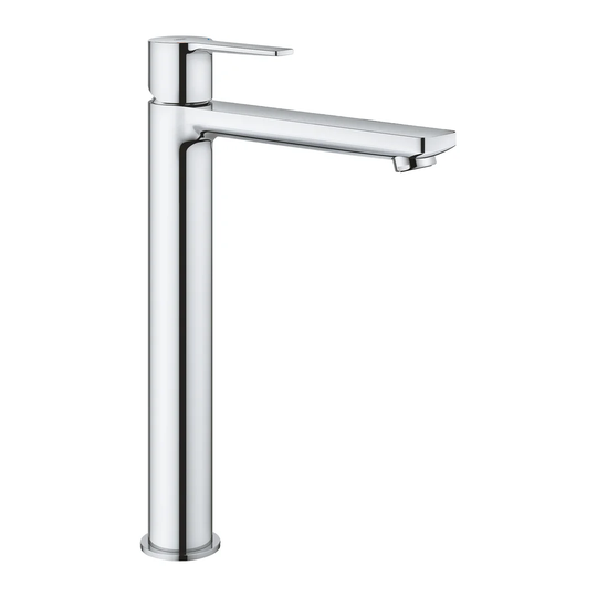 GROHE Lineare Single-lever basin mixer with smooth body. An eco-friendly chrome tap with an extra high spout for freestanding basins. Easy to install