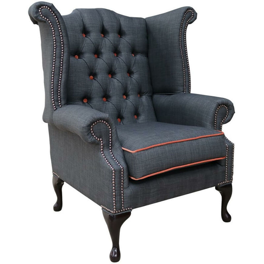 Chesterfield Linen Queen Anne High Back Wing Chair Charles Charcoal Orange Trim