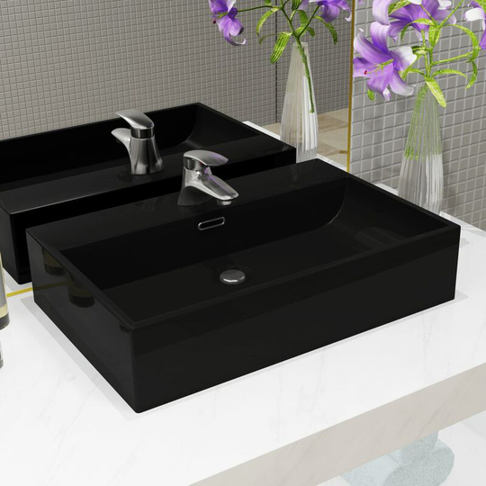 Basin with Faucet Hole Ceramic Black 76x42.5x14.5 cm - Black
