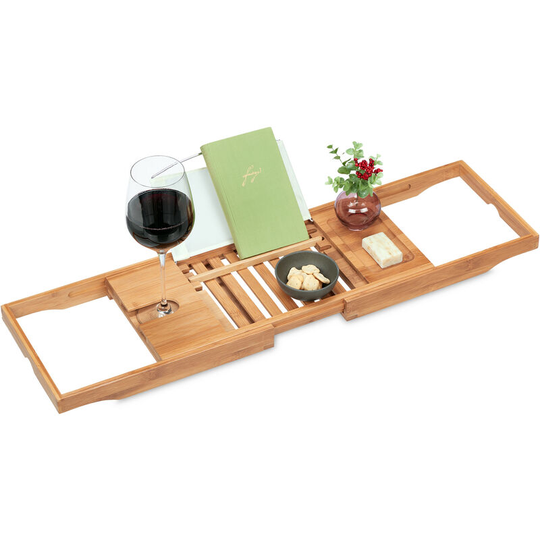 Bathtub Tray, Bamboo, Extendable from 70-105 cm, Book Support, Wine Glass Holder, Bath Caddy, Natural/White - Relaxdays