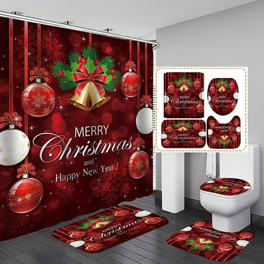 Ilovemilan - Merry Christmas Shower Curtain Sets for Bathroom, 4Pcs Xmas Shower Curtain/Non-Slip Bathroom Rugs/Lid Toilet Cover/Bath Mat, Funny Santa