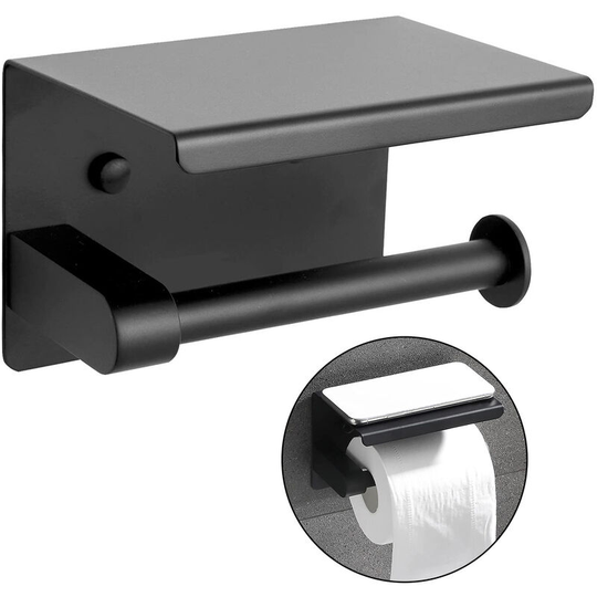 Matte Black Tissue Roll Dispenser Storage,Stainless Steel Paper Holder,Bathroom Single Roll Toilet Paper Holder,Wall Mount with Shelf,model:Black