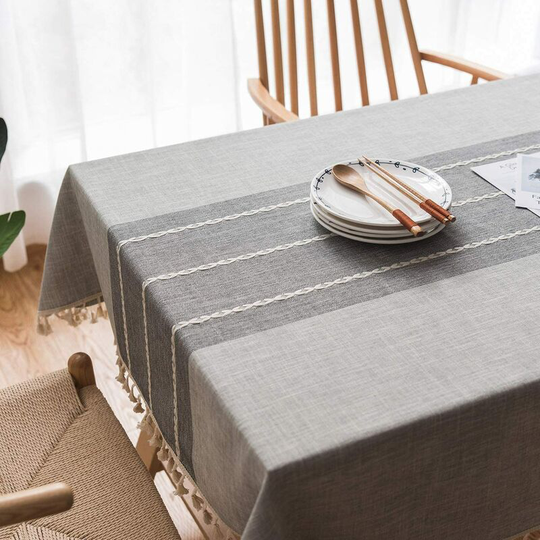 Cotton and Linen Rectangular Table Cloth, Embroidered Anti-Stain Waterproof Table Cloth Table Protector with Fringe for Dining Table, Gray