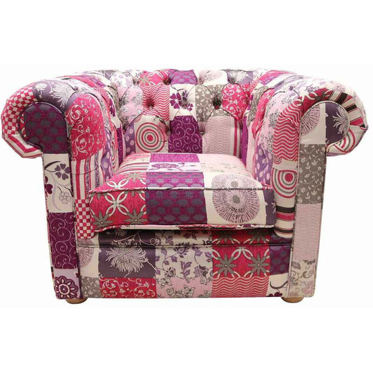 Chesterfield Low Back Club ArmChair Patchwork Fiesta Pink Fabric