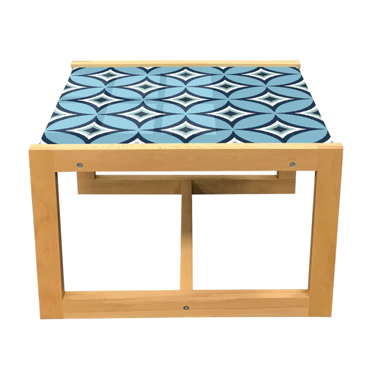 Abstract Coffee Table, Illustration Of Geometric Motifs, Acrylic Glass Center Table With Wooden Frame For Offices Dorms Sky Blue Off White
