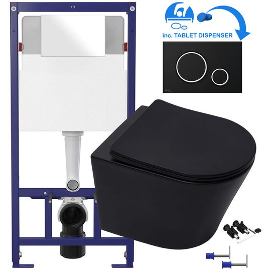 Matt Black Rimless ECO Wall Hung Toilet Pan, Seat & 1.12m Concealed WC 3-in-1 Cistern Frame inc. Flush Plate