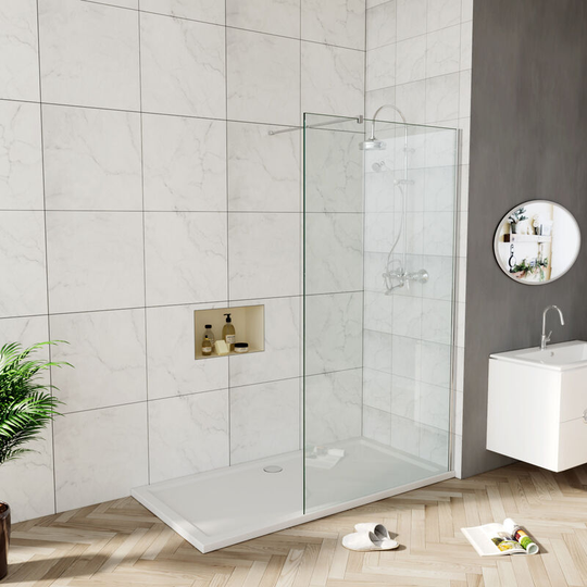 900mm Walk in Wet Room Open Entry Bathroom Screen 6mm Tempered Glass Shower Enclosure with Shower Tray 1400x900mm and Free Waste Trap - Elegant