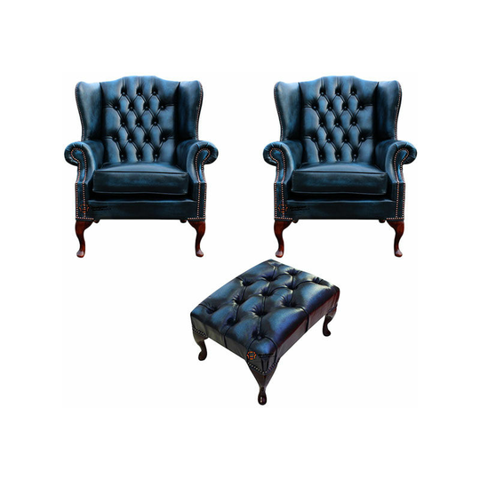 Chesterfield 2 x Mallory Wing Chair + Footstool Leather Sofa Suite Offer Antique Blue