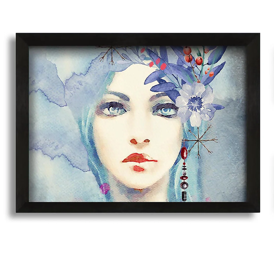 Blue Face Woman Watercolour - Picture Frame Painting on Canvas
