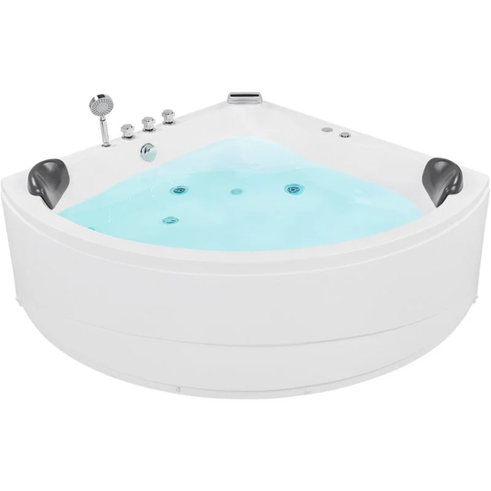 Modern Hot Tub Corner Bathtub Hydro Massage Jets LED Light White Acrylic Baracoa - White