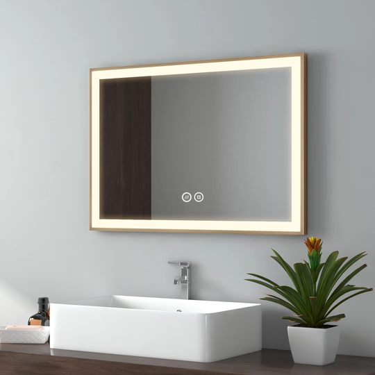 bathroom mirror with lighting 80 x 60cm brushed gold frame LED bathroom mirror with touch, anti-fog, dimmable, memory function, neutral lighting wall