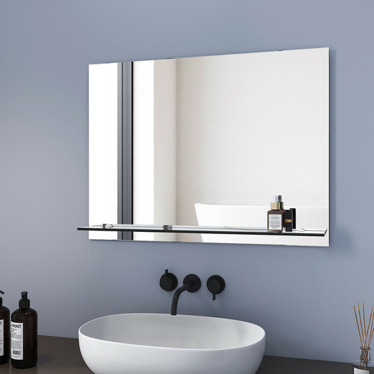 Bathroom Mirror 80x60cm with Shelf, Frameless Wall Mounted Bathroom Mirror with storage shelf - 80x60x1.5cm - Meykoers