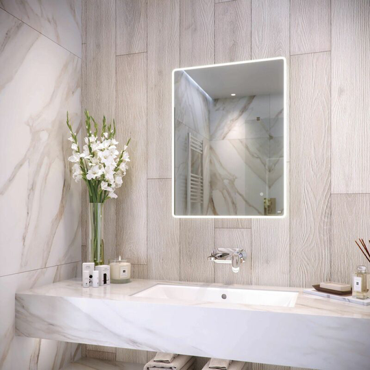 Rak Amethyst led Bathroom Mirror Demister Pad Shaver Socket IP44 700 x 500mm - Silver