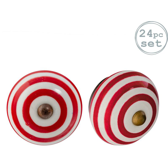 Round Ceramic Cabinet Knobs - Dark Red Stripe - Pack of 24 - Nicola Spring