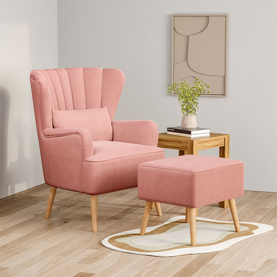Occasion Suede Wingback Armchair with Footstool and Pillow, Pink - Livingandhome