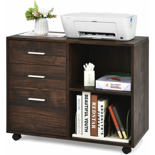 3-Drawer Mobile File Cabinet Rolling Printer Stand w/ 2 Open Storage Compartment