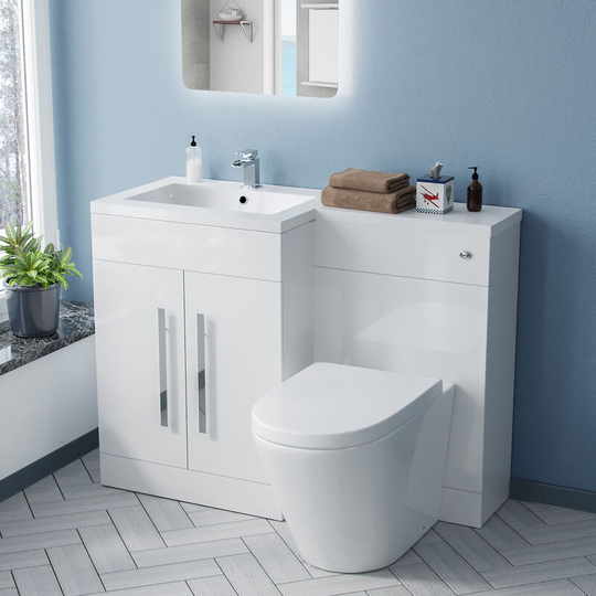 Neshome - 1100mm lh White Vanity with btw Toilet, wc Unit & Resin Basin Flat Pack
