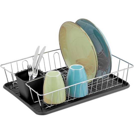 Relaxdays - Dish Drainer, hwd: 11.5 x 43 x 34 cm, Drying Rack, Drip Tray, Cutlery Holder, Metal & Plastic, Black