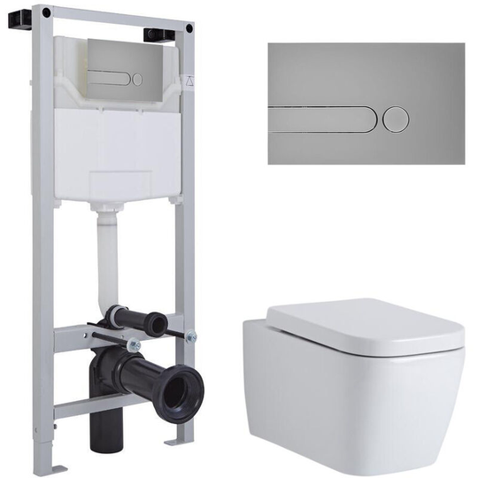 Milano - Longton - White Ceramic Modern Bathroom Wall Hung Square Toilet wc with Tall Wall Frame, Dual Flush Cistern, Soft Close Seat and Dot Satin