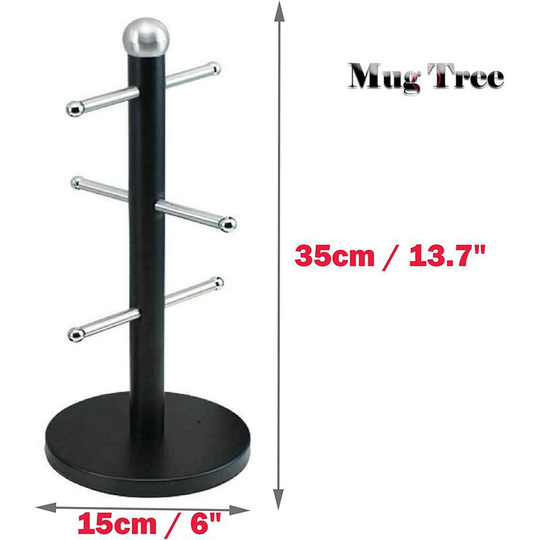 Kitchen Mug Tree Paper Towel Holder Standing 6 Cups Holding Mug Holders Stainless Steel Easy to Clean Roll Holder Storage Rack, 35 x 15 x 15cm, Black