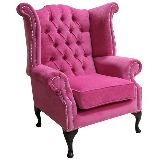 Chesterfield Fabric Queen Anne High Back Wing Chair Pimlico Fuchsia Pink