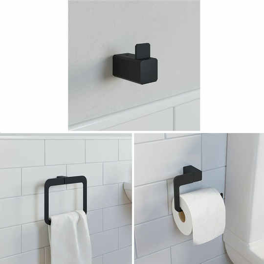 Bathroom wc Set Towel Ring Toilet Roll Holder Robe Hook Black Square Wall Mount - Black