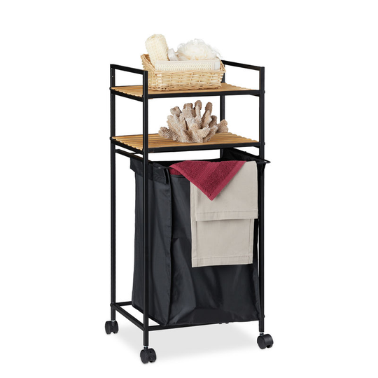 Rolling Bathroom Shelf, 2 Tiers, Rack with Laundry Hamper, Metal, Bamboo, hwd: 89.5x39x32.5 cm, Black/Natural - Relaxdays
