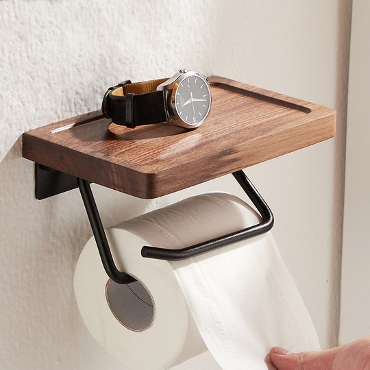 Wooden Toilet Paper Holder - Wooden Wall Mounted Toilet Paper Holder, Bathroom Storage, Phone Holder Box and Bathroom Storage, Black Walnut Wood.
