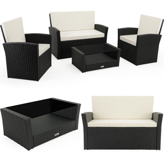 Poly Rattan Lounge Set 7 cm (2.7 in) Pads 2 Armchairs Bench Table Sofa Garden Balcony Pation Outdoor Furniture Black Cream - Casaria