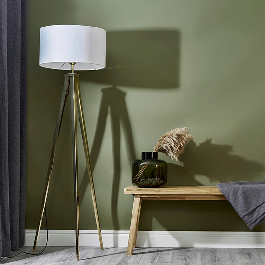 Large Modern Gold Metal Tripod Floor Lamp With A White Drum Shade