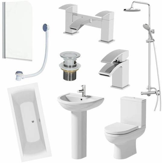 1700mm Complete Bathroom Suite Bath Shower Screen Toilet Taps Basin Pedestal - White