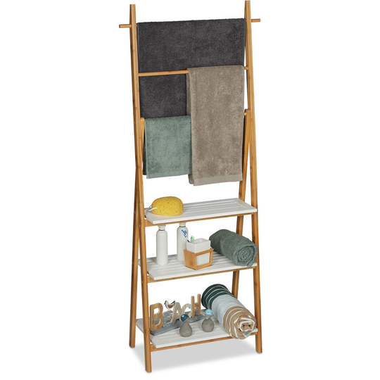 Relaxdays - Towel Rack, Natural Bathroom Shelf with Towel Rails, hwd 150x50x30cm, Bamboo, mdf, Natural/White
