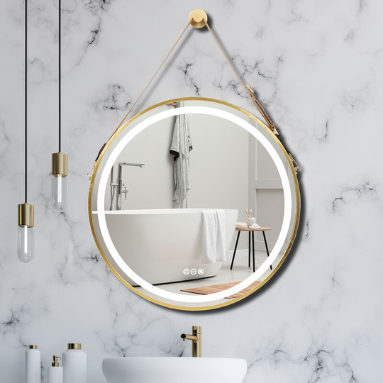 600mm Round LED Illuminated Bathroom Mirror with Demister and Touch Control Sensor Makeup Mirror With Hanging Belt, Gold
