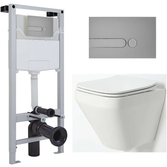 Milano Farington - White Ceramic Modern Bathroom Wall Hung Rimless Toilet with Tall Wall Frame, Cistern and Satin Chrome Square Dot Flush Plate