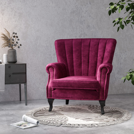 Velvet Pleated Wingback Armchair, Wine Red - Livingandhome