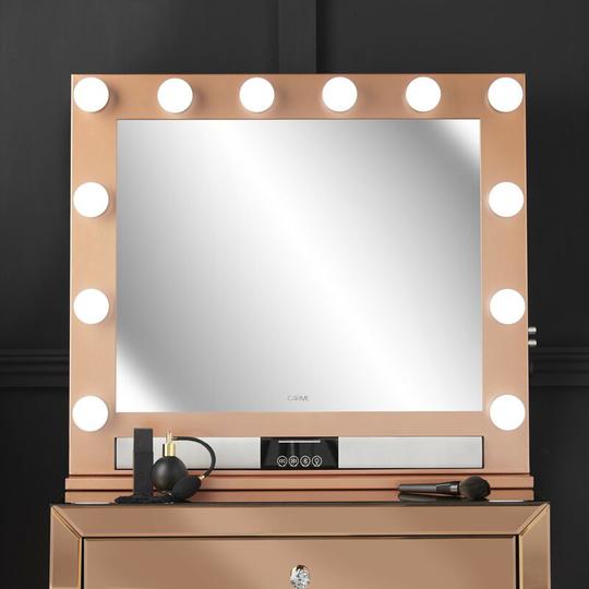 Willow Rosegold Desktop Mirror 3 Colour led Light Hollywood Bulbs Dimmable Touch Sensor Bluetooth Speaker usb Charger Built In Plug Silver Bedroom