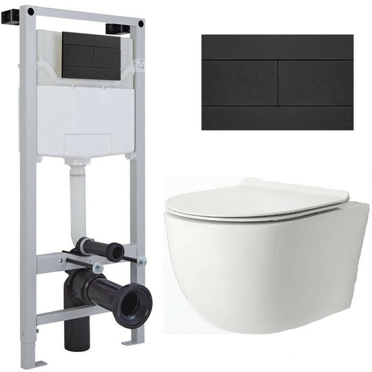 Milano - Overton - White Ceramic Modern Bathroom Wall Hung Rimless Toilet with Tall Wall Frame, Cistern and Black Square Flush Plate