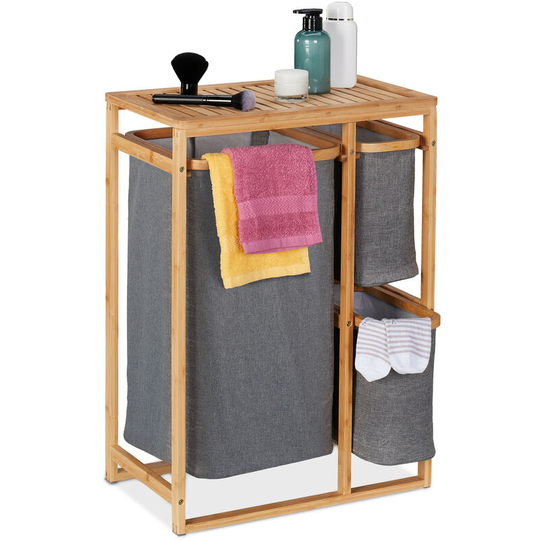 Laundry Basket Shelf, 3 Compartments, HxWxD: 70 x 50 x 30.5 cm, Bathroom Collector, Bamboo, Natural/Grey - Relaxdays