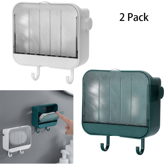2 Pieces Soap Dish, Each Soap Dish with 2 Hooks and Drain Tray (White, Green), Wall Mounted No Drilling Soap Dish, Strong Soap Dish for Bathroom and
