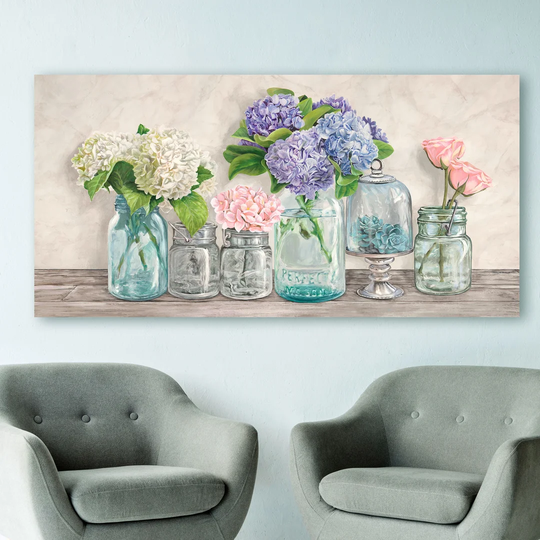 Flowers In Mason Jars by Jenny Thomlinson - Wrapped Canvas Painting