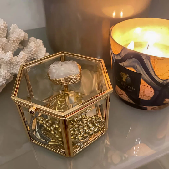 Hexagon Glass Jewellery Box in Gold with Agate Crystal