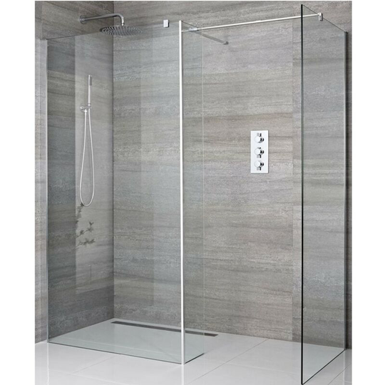 Portland - Corner Walk In Wet Room Shower Enclosure with Two 900mm Screens, Return Panel, Support Arms and 250mm Corner Shower Drain - Chrome - Milano