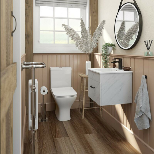 Lea marble wall hung vanity unit with black handle 420mm and Derwent square close coupled toilet suite - White - Orchard