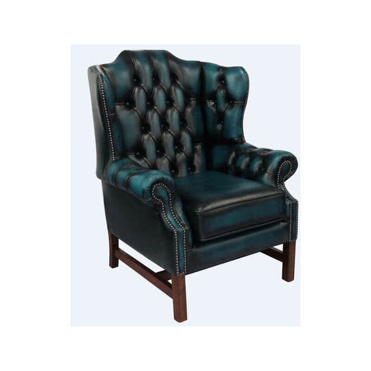 Chesterfield Churchill High Back Wing Chair Cushioned Seat Antique Blue Leather