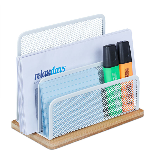 Desk Organiser, Metal & Bamboo, 3 Compartments, Letter Tray, Paper Stand, hwd: 15x18.5x10 cm, White/Natural - Relaxdays