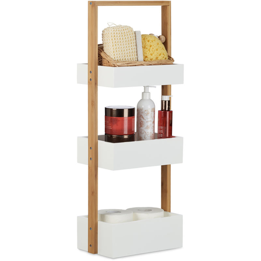 Wood 3 Tier Bathroom Free Standing Shower Caddy Tidy Organiser Shelves, h x w x d: 76 x 30 x 18.5cm, White, Natural - Relaxdays