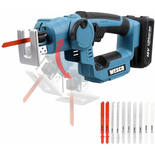 Wesco Tools - Cordless Jigsaw, wesco Cordless Reciprocating Saw 18V 2-in-1, 2.0Ah Li-ion Battery, 10 Saw Blades, WS2979.1