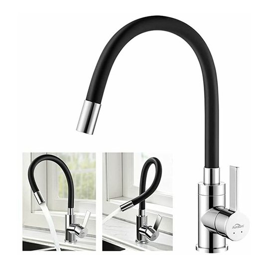 Single Hole Hot and Cold Water Sink FaucetFreely Swivel High Spout Flexible Kitchen Faucet Flexible Sink Mixer Tap Chromed Brass and Black