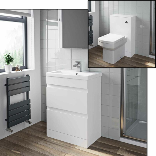 600mm Gloss White Bathroom WC Drawer Vanity Unit Basin Modern Soft Close Toilet - White